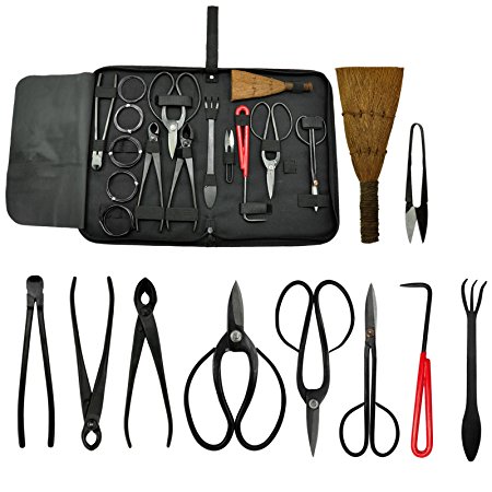 Voilamart 10 Piece Bonsai Tool Kit with Case, Carbon Steel Scissor Cutter Shear Set Garden Plant Tools