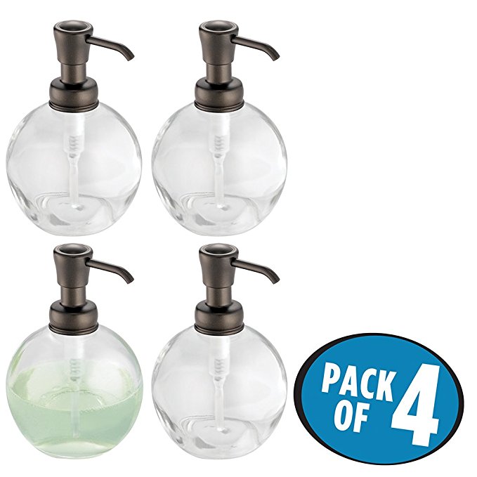 mDesign Round Glass Soap & Lotion Dispenser Pump for Kitchen & Bathroom Countertops - Pack of 4, Clear/Bronze