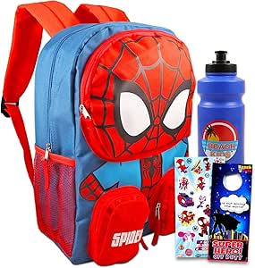 Marvel Spiderman 16" Backpack for Boys Set - Bundle, Stickers, Water Bottle, More for Boys 4-6