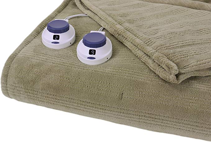 Serta Luxurious Low-Voltage Electric Heated Micro-Plush Triple-Rib Queen Blanket, Soft Sage