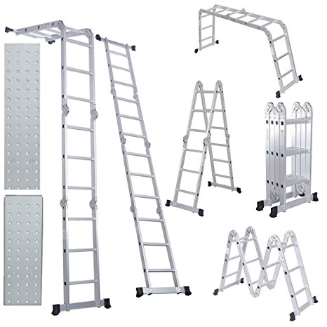 Comie 330lb 12.5ft/15.5ft Multi Purpose Aluminum Folding Step Ladder Foldable Lightweight Scaffold Ladder W/2 Plate (12.5ft)