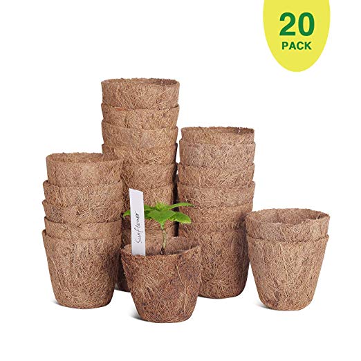20 Pack of 3” Coco Coir Seed Starter Pots, Sustainable & 100% Biodegradable Pots Alternative to Peat Pots, Bonus 10 Plastic Plant Markers