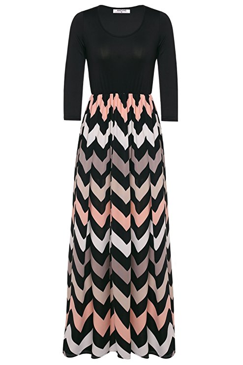 ANGVNS Women’s Fashion 3/4 Sleeve Casual Contrast Color Striped Maxi Long Dress