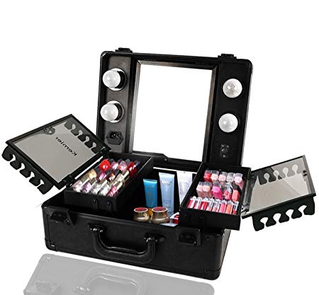 Kemier Makeup Train Case - Cosmetic Organizer Box Makeup Case with Lights and Mirror/Makeup Case with Customized Dividers/Large Makeup Artist Organizer Kit (Black)
