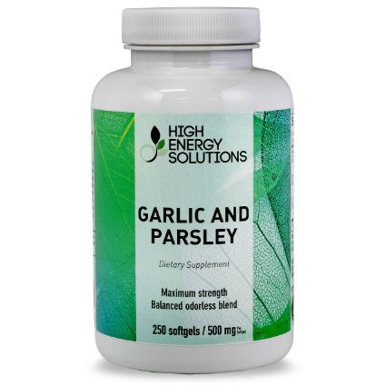 Garlic and Parsley Supplement Value Sized 250 - Odorless Soft Gels By High Energy Solutions: Maximum Strength - 500 Mg / 100 Mg - GMP - USA - 100% Guaranteed