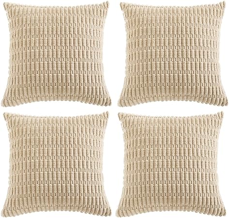 Fancy Homi 4 Packs Tan Decorative Throw Pillow Covers 18x18 Inch for Living Room Couch Bed Sofa, Beige Rustic Farmhouse Boho Home Decor, Soft Plush Striped Corduroy Square Cushion Case 45x45 cm