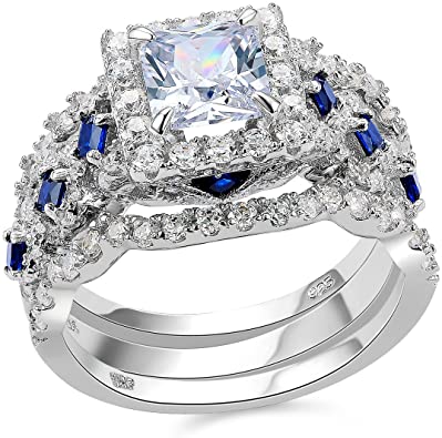 Newshe Engagement Wedding Ring Set 925 Sterling Silver 3pcs 2.5ct Princess White Cz Blue Size 5-10