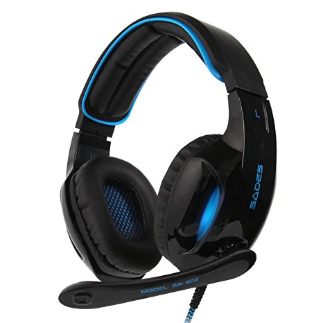 2017 Sades New Version SA902 Blue 7.1 Channel Virtual USB Surround Stereo Wired PC Gaming Headset Over Ear Headphones with Microphone Revolution Volume Control Noise Canceling LED Light (Black/Blue)