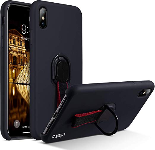 ULAK iPhone Xs Max Case, Soft Case with Ring Holder & Finger Strap, Liquid Silicone Shockproof Rubber Case with Phone Ring Stand Scratch Resistance Protective Cover for iPhone Xs Max 6.5 2018, Black