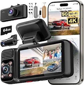 REDTIGER 4K 3 Channel Dash Cam, 5GHz WiFi Built-in GPS with Multi-Size Hardwire Kit with 64GB Card, 2160P 1080P 1080P Front and Rear Inside