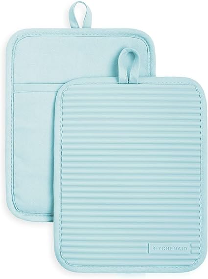 KitchenAid Ribbed Soft Silicone Pot Holder Set, Mineral Water 7"x9"