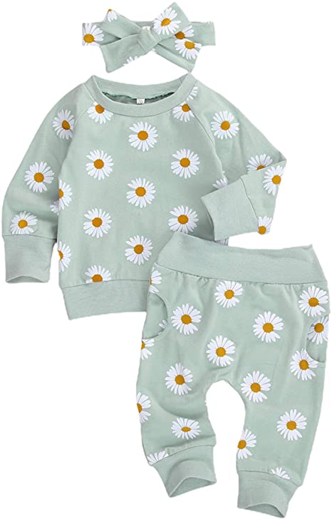 Baby Girl Winter Fall Outfits Little Daisy Print Sweatshirt Pullover Tops Pocket Pants Leggings Headband Outfits Set