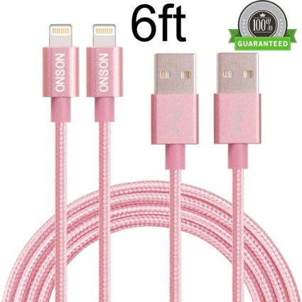 iPhone Cable, ONSON 2 Pack 6ft Lightning Cable Charging Cord Nylon Braided Apple USB Cable Data Sync Cable 8 Pin Cable for for iPhone 6s, 6s plus, 6plus, 6,5s 5c 5,iPad Mini, iPad5 (Rose 6ft)
