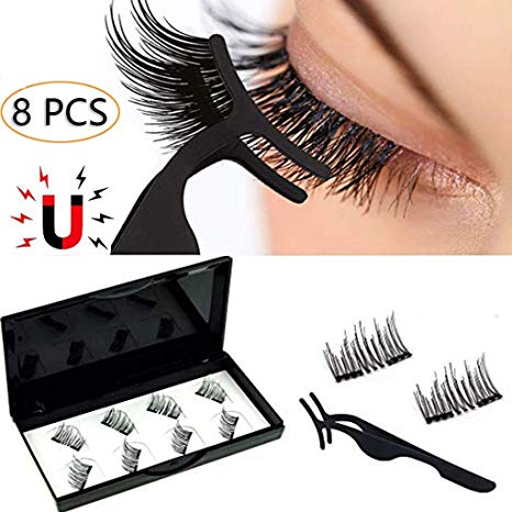 Magnetic Eyelashes, Magnetic Lashes Black Dual Magnetic Eyelashes, Lightweight & Easy to Wear Best 3D Reusable Magnet Lashes Extensions with Tweezers (2Pair/8Pcs)