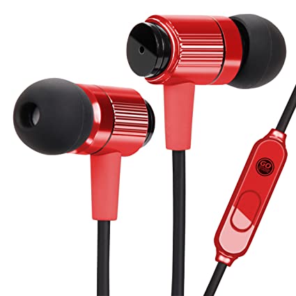 GOgroove Durable Heavy Duty Earbuds (red) - Ergonomic in-Ear Earphones w/Rugged Cable, Microphone, On Board Controls - Noise Isolation & Reinforced Metal Driver Housing