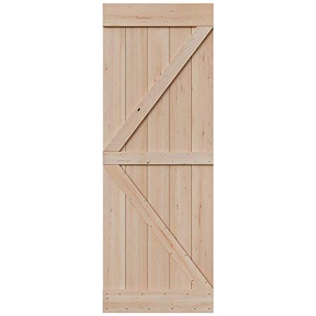 SmartStandard 30in x 84in Sliding Barn Wood Door Pre-Drilled Ready to Assemble, DIY Unfinished Solid Hemlock Wood Panelled Slab, Interior Single Door, Natural, Frameless K-Shape (Fit 5FT Rail)