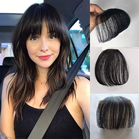 Vowinlle Nature Black Real Human Hair Flat Bangs Hand Tied Bangs Fashion Clip-in Hair Extension Bangs with no Temples