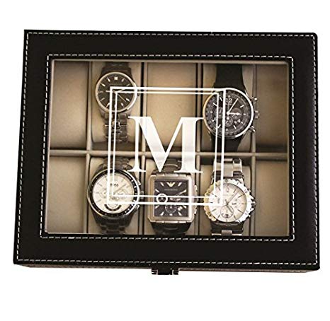 Personalized Black Watch Storage Box with Initial - Groomsman Fathers Day Gift - Custom Monogrammed