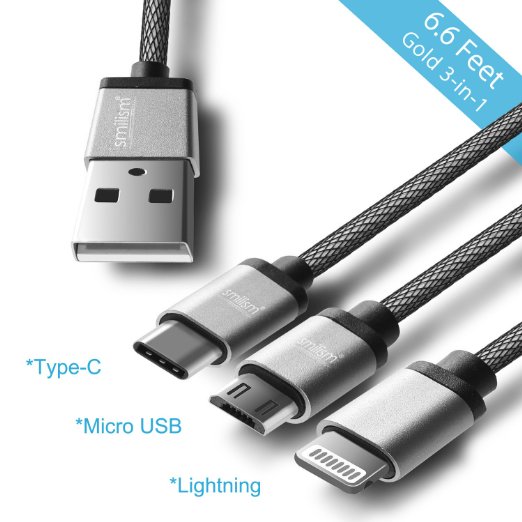 USB Type C , Smilism 6ft (2M) 3-in-1 Lightning cable Micro USB Type C Cable for iPhone 6 6 Plus 5 5s 5c, iPad Air, New Macbook, iPod 5, Sumsung, HTC, Nokia, ChromeBook Pixel and more (Silver)