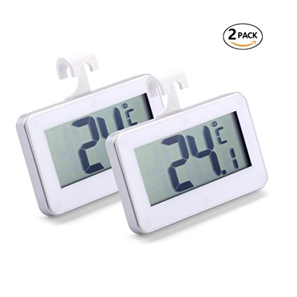 Eocean Refrigerator Thermometer, Digital thermometer for freezer and refrigerator with Big LCD Screen, Compact Size, Magnetic Back Hanging Hook and Retractable Stand( 2 Packs)