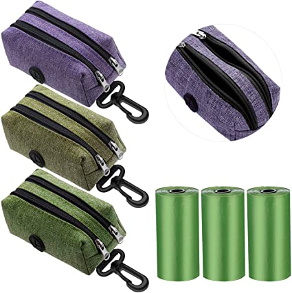 3 Pieces Dog Poop Dispenser with Double Zipper and 3 Roll of Waste Bags Leak-Proof Dog Waste Bags Oxford Cloth Waste Bag Dispenser Dog Poop Holder