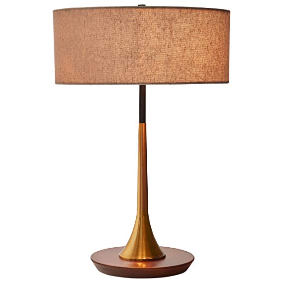 Rivet Mid-Century Curved Brass Table Lamp, 21.7"H, Brass and Walnut