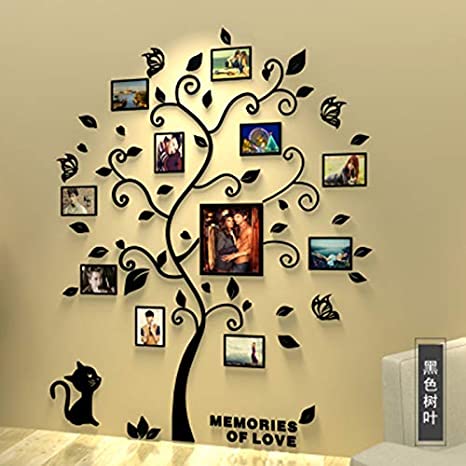 Unitendo 3D Wall Stickers Photo Frames FamilyTree Wall Decal Easy to Install &Apply DIY Photo Gallery Frame Decor Sticker Home Art Decor, Black Leaves Tree with cat, XL.