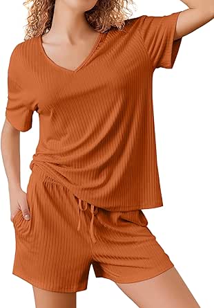 Ekouaer Lounge Sets for Women 2 Piece Ribbed Knit Pajamas Short Sleeve Pj Tops and Shorts Sleepwear Casual Outfits Set