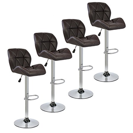 Bar Stools Modern Hydraulic Adjustable Swivel Barstools, Leather Padded with Back, Dinning Chair with Chrome Base, Set of 4, Brown