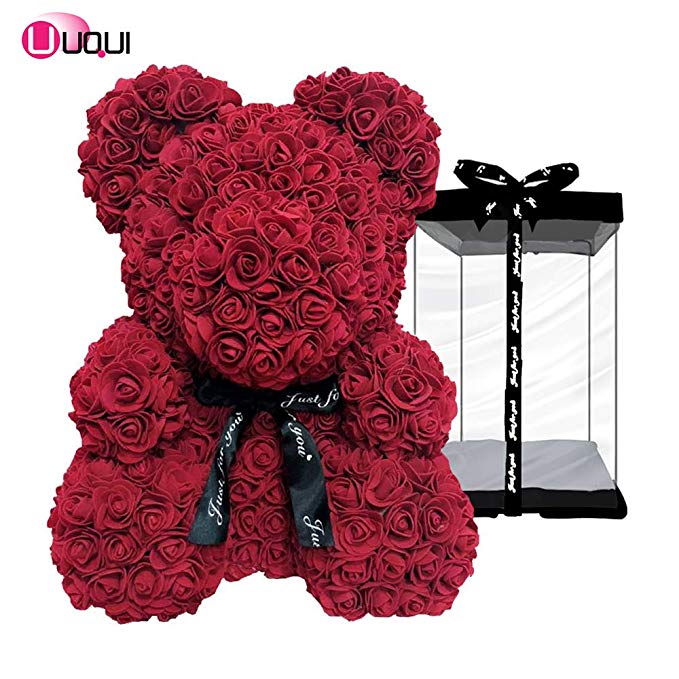 U UQUI Rose Bear - 12 Inches Tall - Over 500  Flowers on Every Rose Bear - Perfect for Anniversary's, Birthdays, Bridal Showers, Mothers, Etc. - Clear Gift Box Included!