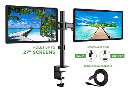 Jestik Dual Monitor Arm - LCD Monitor Stand, Monitor Mount, Vesa Mount - Shift The Way You Work - 2 Screens Up To 27", 17.6 lbs Capacity, Clamp and Grommet Base, Plus 4K HDMI Cable (5ft) (JM-L25 DV8)