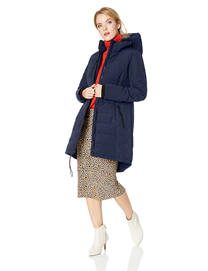 GUESS Women's Knee Length Heavy Quilted Puffer Coat with Hood