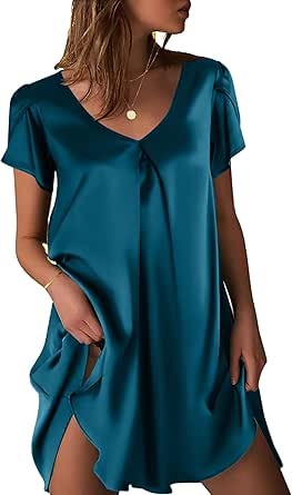 Ekouaer Women's Satin Nightgown Short Sleeve Sleepdress V-Neck Sleepwear Loose Silk Sleepshirt