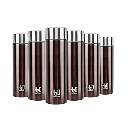 CELLO H2O Stainless Steel Water Bottle | Leak proof & break-proof | Lid is sealed by a silicone ring | Best Usage for Office/School/College/Gym/Picnic/Home/Fridge |1 Litre | Brown, Set of 6