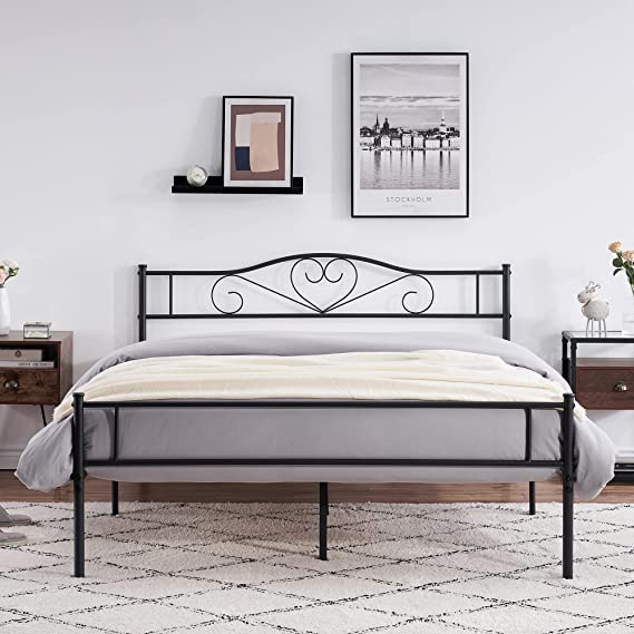 VECELO Metal Platform/Bed Frame/Mattress Foundation, Decorative Headboard & Footboard with Heavy Duty Support,Black(Queen)