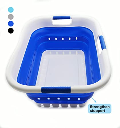 SAMMART Collapsible 3 Handled Plastic Laundry Basket - Foldable Pop Up Storage Container/Organizer - Portable Washing Tub - Space Saving Hamper/Basket (3 Handled Rectangular, Dark Blue)