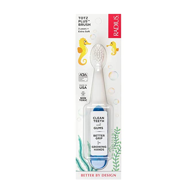 RADIUS Kids Toothbrush Totz Plus Brush, Silky Soft, White/Sapphire, BPA Free and ADA Accepted, Designed for Delicate Teeth and Gums, For Children 3 Years and Up