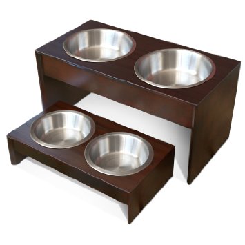 PetFusion Elevated Pet Feeder in Solid Wood. Short version includes 3rd bowl, shallow 1.1" food dish