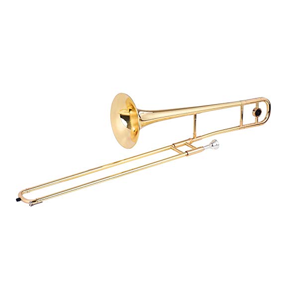 ammoon Tenor Trombone Brass Gold Lacquer Bb Tone B flat Wind Instrument with Cupronickel Mouthpiece Cleaning Stick Case