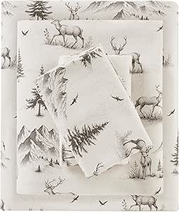 Woolrich Cotton Sheet Set Cottage Charms Print, 100% Cotton Flannel Sheets Warm & Fuzzy Bedding Set King Size Sheets, Fitted Pocket Fits Up to 14" Mattress, King Gray Deer Toile 4 Piece