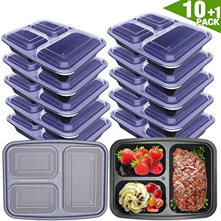 Meal Prep Containers 3 Compartment with Lids BPA Free Food Storage Bento Style Lunch Boxes for Portion Control，Microwaveable/Reusable/Freezer & Dishwasher Safe [10 1 ] Pack，36 oz