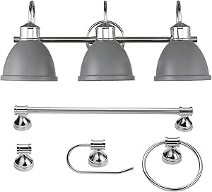 Globe Electric Sydney 5-Piece Bathroom Set, Matte Gray and Chrome, 3-Light Vanity Light, Towel Bar, Towel Ring, Robe Hook, Toilet Paper Holder