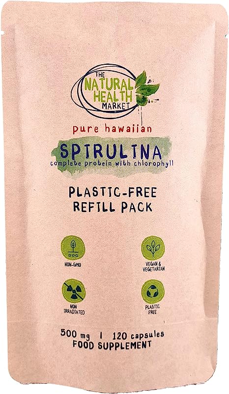 Hawaiian Spirulina Capsules 500mg by The Natural Health Market - 100% Pure - No Additives - Plastic Free Packaging - Made in England - Vegan-Friendly Supplement (120 Capsule - Pouch)