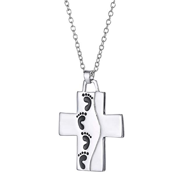 MAIKEDIAO Stainless Steel Lord's Prayer Reversible Cross Pendant Necklace With Footprint For Women/Men 20.5" Cable Chain