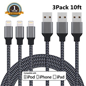 Sundix iPhone Charger Cable 3Pack 10FT Nylon Braided 8Pin Lightning to USB Charging Cord Compatible with iPhone X 8 8Plus 7 7Plus 6s 6sPlus 6 6Plus SE 5 5s 5c iPad and iPod (Black)