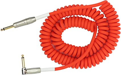 KIRLIN Cable Kirlin IMK-202PFGL-30/RDF-Straight to Right Angle ¼” Premium Coil Instrument Cable, Red Translucent PVC Jacket-30ft, (IMK-202PFGL-30/RDF)