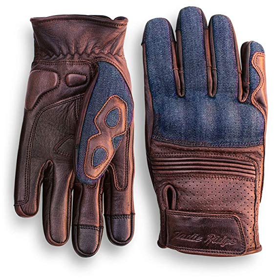 Denim & Leather Motorcycle Gloves (Brown) With Mobile Touchscreen by Indie Ridge (Medium)