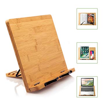 Bamboo Book Stand Cookbook Holder Reading Bookrest with 5 Adjustable Heights, Foldable Tray and Page Paper Clips Portable Sturdy Bookstands for Textbook, Magazine, Music Books, Recipe by Pipishell