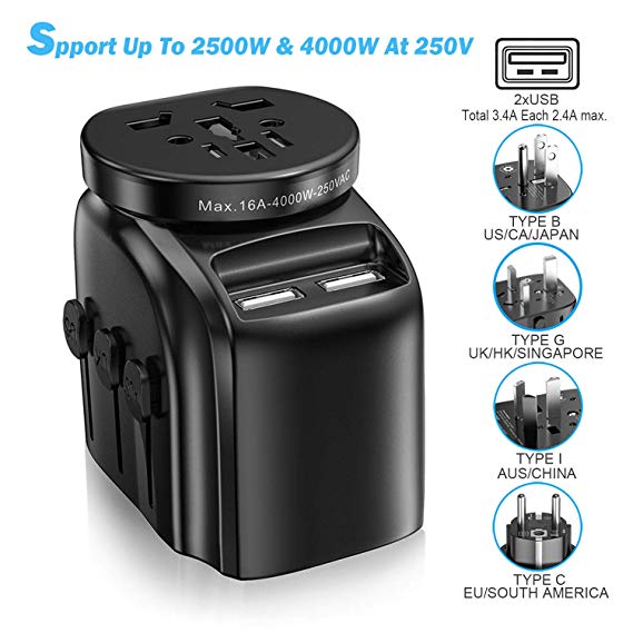 SAUNORCH Universal Travel Adapter Accessories, International Power Adapter W/ 3.4A Dual USB Smart Wall Charger, European Adapter Plugs Adapters for Hair Dryer, UK, EU, US CA,AU, Italy Asia -Black
