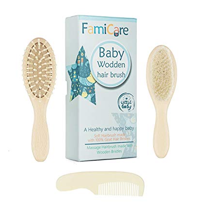 FamiCare 3-Piece Wooden Baby Hair Brush | Comb Set for Newborns and Toddlers | Natural Soft Goat Bristles for Cradle Cap | Wood Bristles Baby Brush | Best Baby Shower and Registry Gift